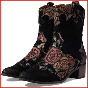 Floral Leather Suede Chelsea Boots Low Heel Western Ankle Booties Women